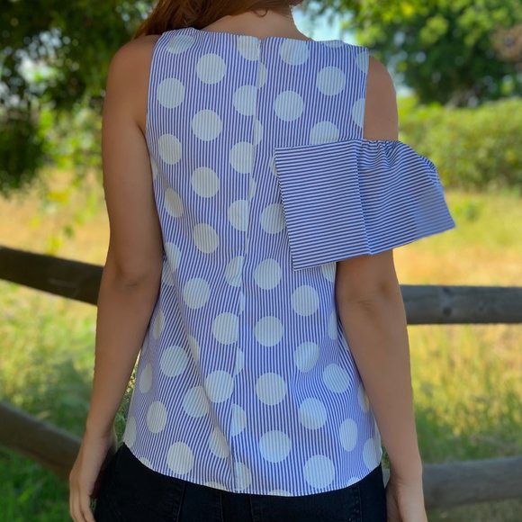 Eva Franco Anthropologie Polka Dot Top Ruffle Detail One Shoulder Striped - Picture 4 of 10
